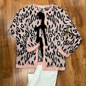 Pink Leopard Print Cardigan w Bow Tie Front